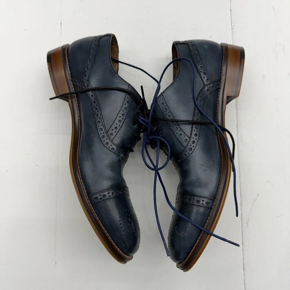 Johnston & Murphy Dress Shoes Mens Size 10.5 Blue Leather Oxford Brogue Cap Toe